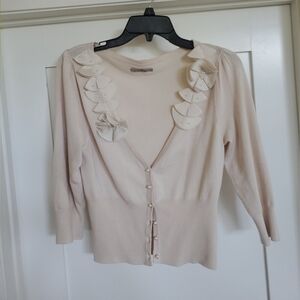 EUC Darling Adorable Cream Cardigan with Pearl & Satin Flower Details